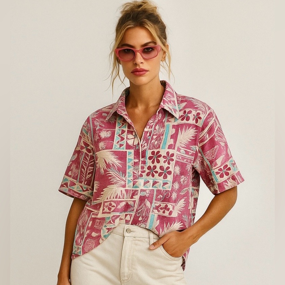 Cotton Tropical Boho Hawaiian Print Button Down Shirt | Floral Palm Island Style - Picture 4 of 10